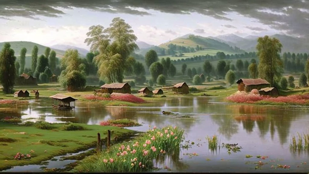 Tranquil river scene with pink flowers, wooden boats, cottages, and green hills