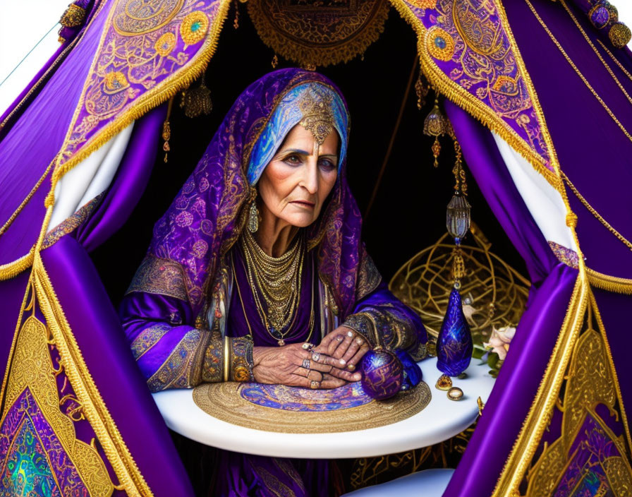 Elderly woman in purple traditional attire under ornate tent