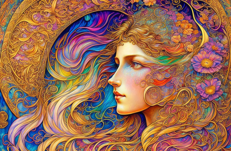 Colorful Woman Illustration with Floral Patterns and Crescent Moon