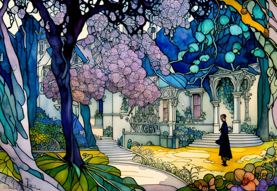 Colorful stained glass-style illustration of trees, flowers, person, and quaint house with spiraled column