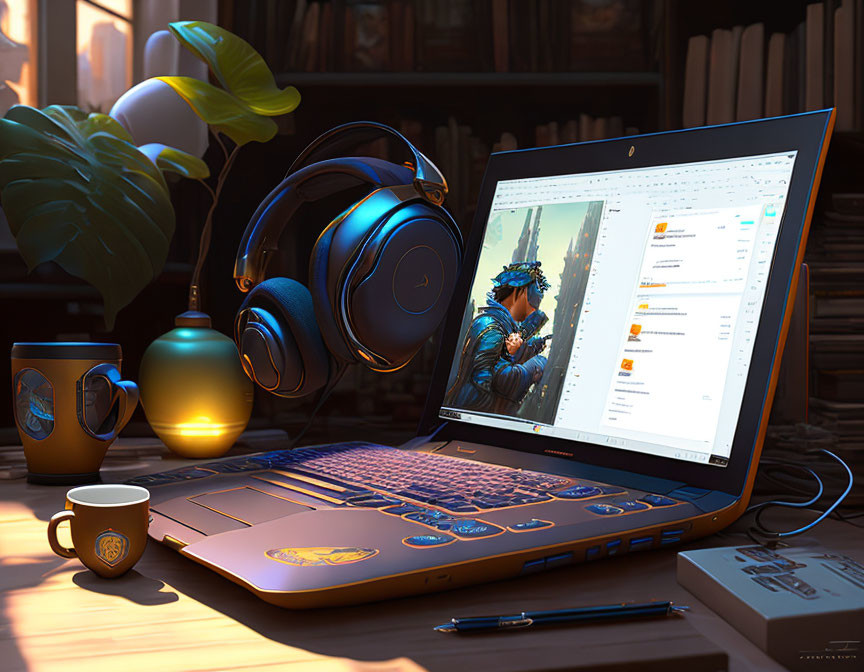 Workspace with laptop, headphones, coffee cup, and greenery.