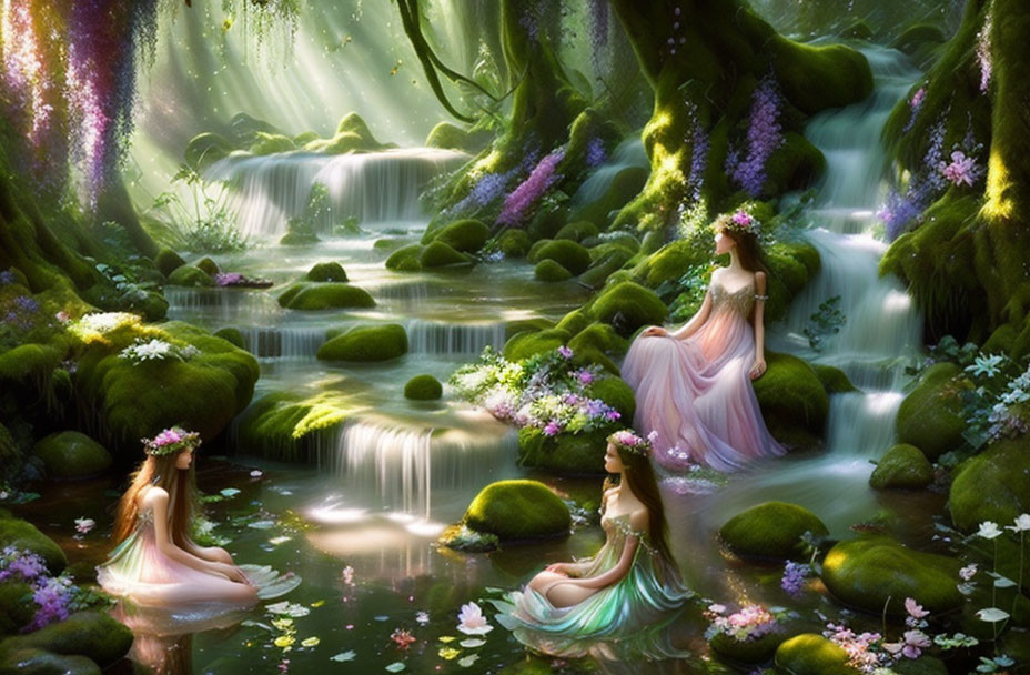 Three ethereal women in flowing dresses in misty forest setting