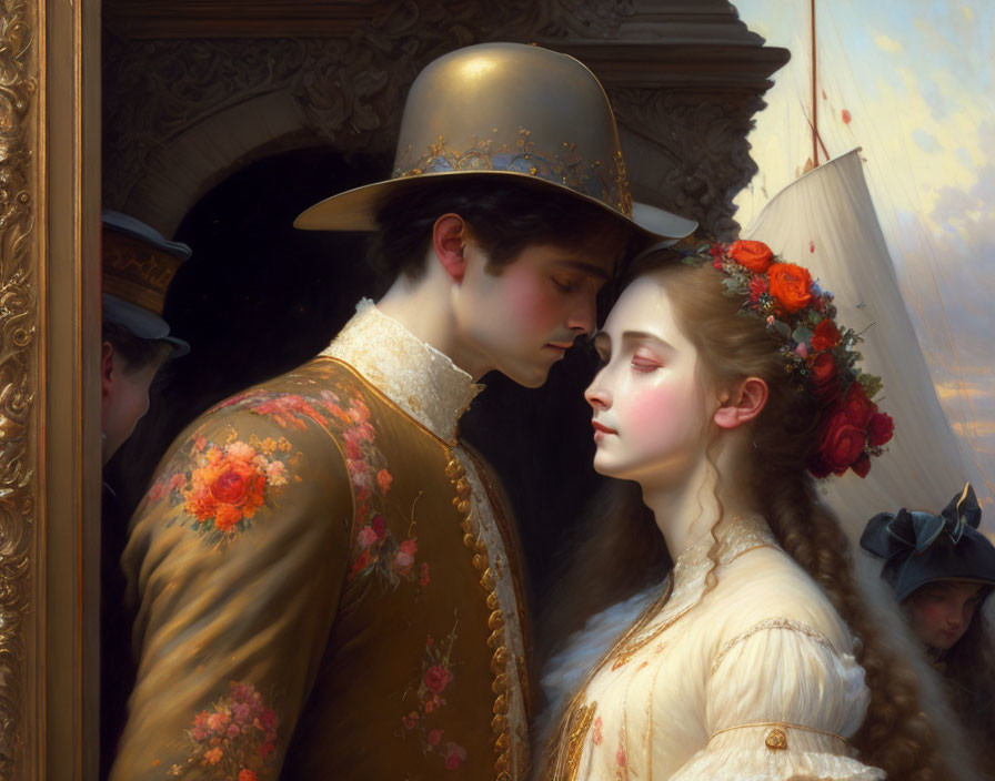 Victorian-era painting of romantic encounter between man in military uniform and woman with flowers in hair