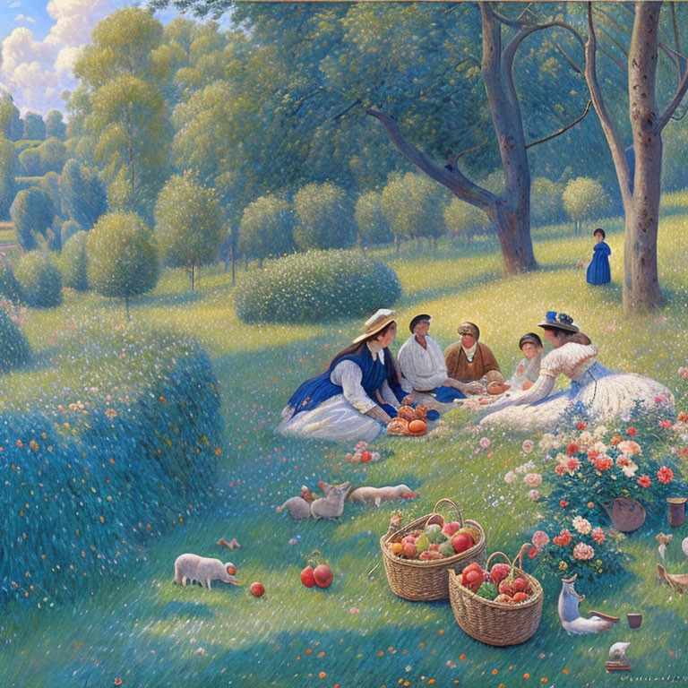 Tranquil painting of people picnicking in lush orchard