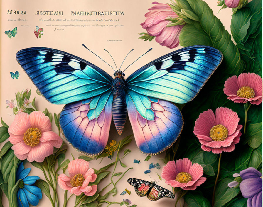 Detailed Butterfly with Blue and Black Wings on Pink Flowers and Vintage Text Background