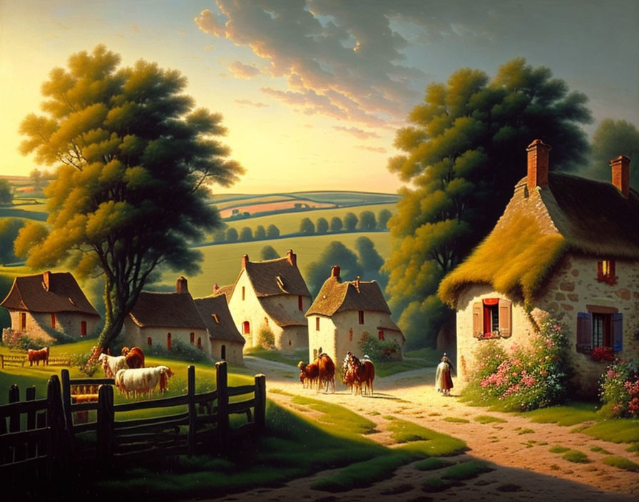 Rural scene with thatched-roof cottages, grazing livestock, lush trees, and rolling hills