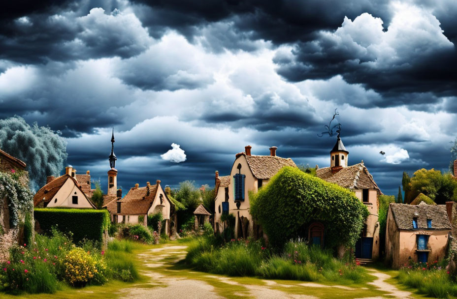 Village cottages under stormy sky with lush greenery