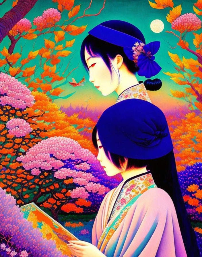 Stylized women in Japanese attire amid colorful trees at twilight