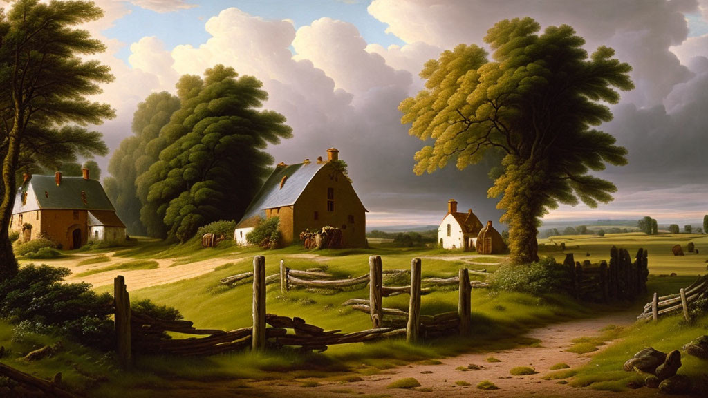 Rustic cottages and lush greenery in pastoral landscape painting