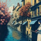 Woman holding flowers by calm canal with quaint buildings and flowering trees in warm light