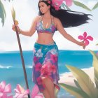 Vibrant tropical illustration of a woman by the ocean