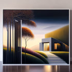 Surreal modern house with stylized trees on canvas in room