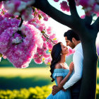 Romantic couple kissing under tree with heart-shaped pink blossoms