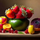 Vibrant floral arrangement with mixed fruit on dark background & detailed vase