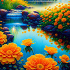 Colorful floral landscape with blue waterfall and serene pond