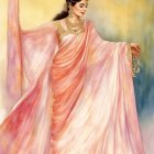 Traditional pink saree illustration with gold jewelry on woman