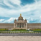 Palace with Golden Domes and Manicured Gardens Visited by People