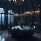 Nighttime dining room with set table, lit candles, gold accent lamps, dark wood paneling,