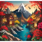 Colorful Stylized Artwork of Vibrant Village Landscape