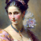 Elaborate Hairstyle and Pink Dress in Classical Portrait