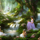 Tranquil forest scene with waterfalls, greenery, flowers, and person in traditional attire