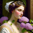 Portrait of fair-skinned woman with white headpiece and red berries, surrounded by pink flowers and green