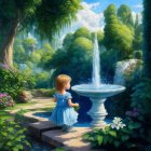 Young girl in blue dress by luminous fountain in vibrant garden