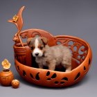 Detailed 3D illustration of cute puppy in wooden basket with blue eyes, stylized flower, and