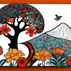 Vibrant digital artwork: Red bird on black tree with orange flowers, second bird & mountains.