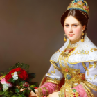 Colorful Woman in Ornate Costume Poses with Red Flowers