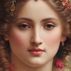 Realistic portrait of woman with curly brown hair and floral adornments