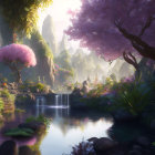 Colorful flora and serene river in vibrant fantasy landscape