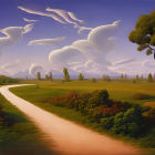 Surreal landscape with winding path, whimsical trees, mountains, and layered sky.