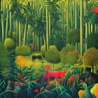 Vibrant forest painting with intricate trees and wildlife hints