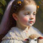 Young girl with floral headband holding lamb on soft floral background