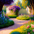 Lush garden path with vibrant flowers and trees at sunset