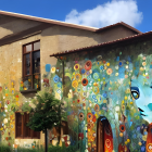 Vibrant mural with girl's face, swirls, flowers, and foliage on building.