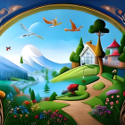 Colorful Stylized Landscape in Ornate Oval Frame with House, River, Trees, Mountains,