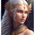 Fantasy female character portrait with pale skin, white hair, blue eyes, gold crown, armor,