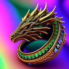 Metallic ornate dragon with intricate scales and horns on colorful blurred background