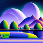 Colorful painting of whimsical village by illuminated sea with dynamic sky