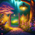 Enchanted forest night scene with glowing flowers, trees, lanterns, and magical door