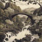 Scenic landscape with stone bridge, waterfalls, hills, houses, and flora