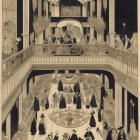 Art Deco style illustration of elegantly dressed people in ornate ballroom