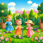 Three young girls playing in colorful garden with greenery, flowers, and butterflies