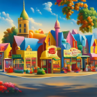 Vibrant Cartoon Village with Candy Landscaping & Dreamlike Sky