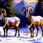 Bighorn sheep in snow with forest and mountain backdrop