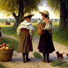 Children in vintage attire gathering apples in sunny pastoral landscape