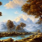 Classical landscape painting with ruins, lake, trees, hills, and vibrant sky