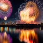 Colorful waterside painting with boats and fireworks display.